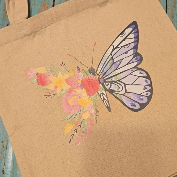 Hand Crafted| Canvas Tote | Butterfly decal | Medium Size | Beige - Picture 2 of 6
